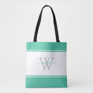 Modern Girly Monogram Script Mint Tote Bag