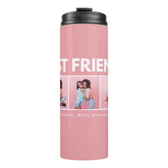Modern girly multi photo script trendy bestfriends thermal tumbler (Front)