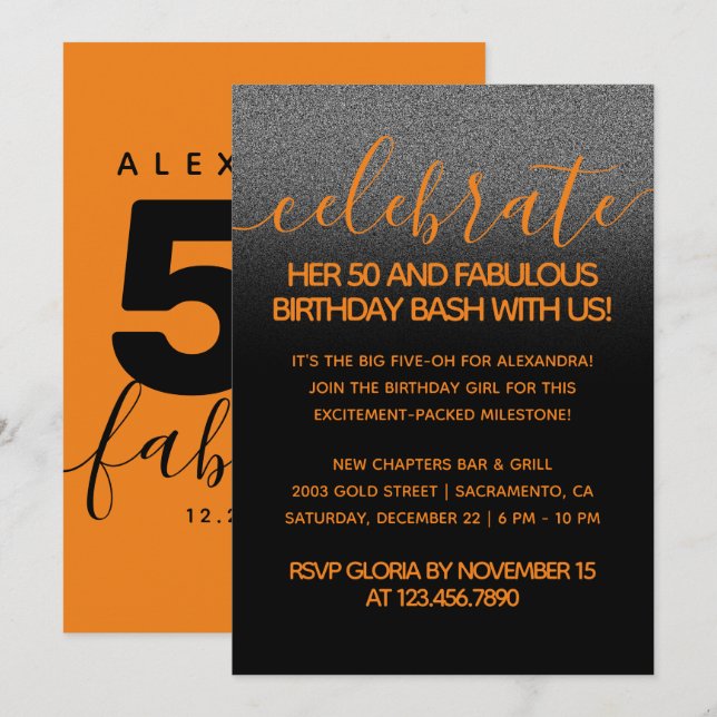 Modern Girly Orange 50 and Fabulous Invitation (Front/Back)