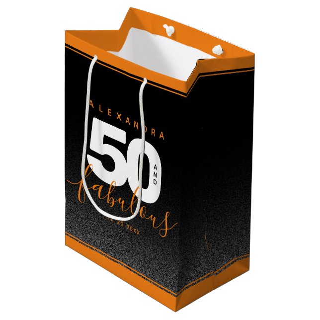 Modern Girly Orange 50 and Fabulous Medium Gift Bag (Front Angled)