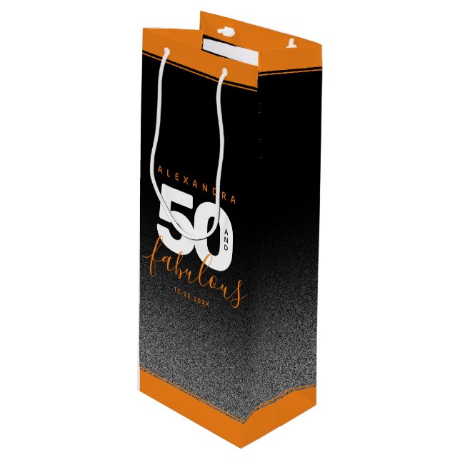 Modern Girly Orange 50 and Fabulous Wine Gift Bag (Front Angled)