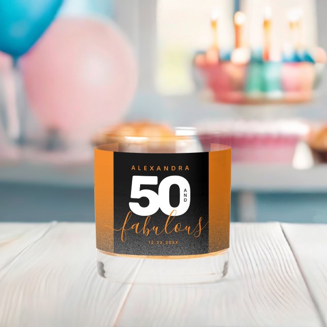 Modern Girly Orange Glitter 50 and Fabulous Whiskey Glass (Insitu (Baby Shower))