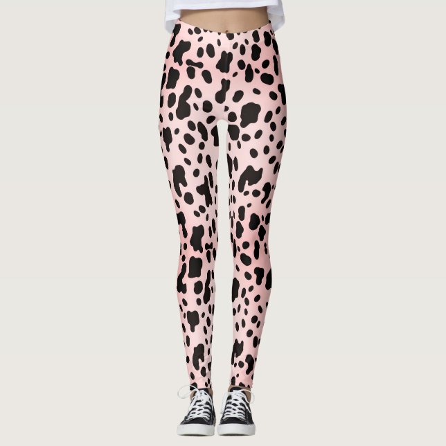 Modern Girly Pink Black Cow Animal Print Farm Spot Leggings (Front)