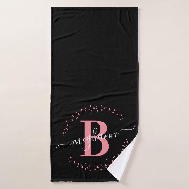 Modern Girly Pink Black Name Script Monogrammed  Bath Towel (Bath Towel)