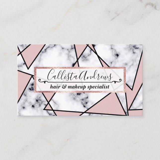 Modern Girly Pink Black White Marble Geometric Business Card (Front)