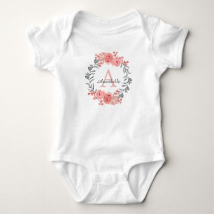 Modern Girly Pink Blush Floral Wreath Monogram Baby Bodysuit