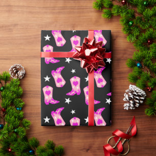 Modern Girly Pink Cowgirl Western Boots Black Wrapping Paper