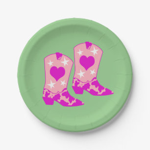 Modern Girly Pink Cowgirl Western Boots Green Paper Plate