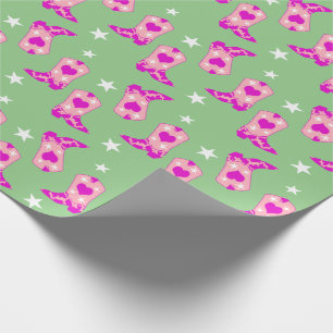 Modern Girly Pink Cowgirl Western Boots Green Wrapping Paper