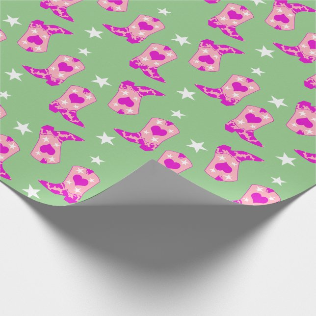 Modern Girly Pink Cowgirl Western Boots Green Wrapping Paper (Corner)