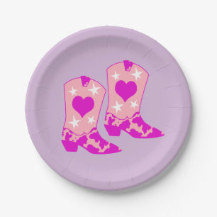 Modern Girly Pink Cowgirl Western Boots Lilac Paper Plate