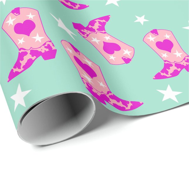 Modern Girly Pink Cowgirl Western Boots Mint Wrapping Paper (Roll Corner)