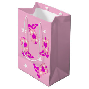 Modern Girly Pink Cowgirl Western Boots Stars Medium Gift Bag