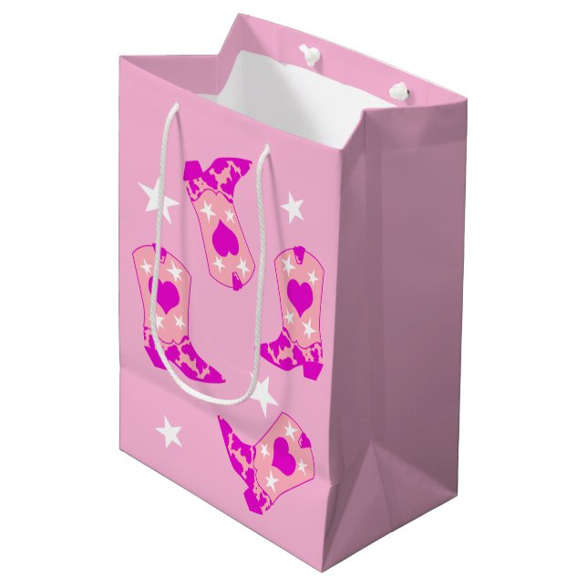 Modern Girly Pink Cowgirl Western Boots Stars  Medium Gift Bag (Front Angled)