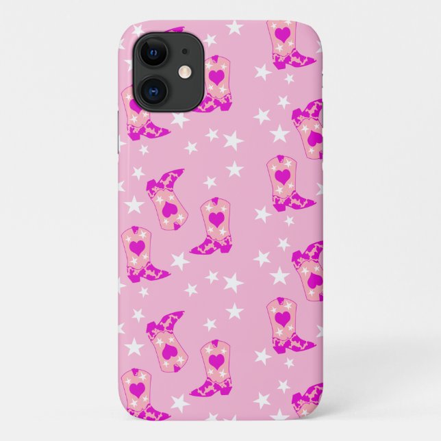 Modern Girly Pink Cowgirl Western Boots Stars Pink Case-Mate iPhone Case (Back)