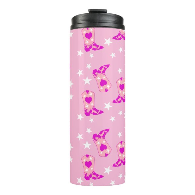 Modern Girly Pink Cowgirl Western Boots Stars Pink Thermal Tumbler (Front)
