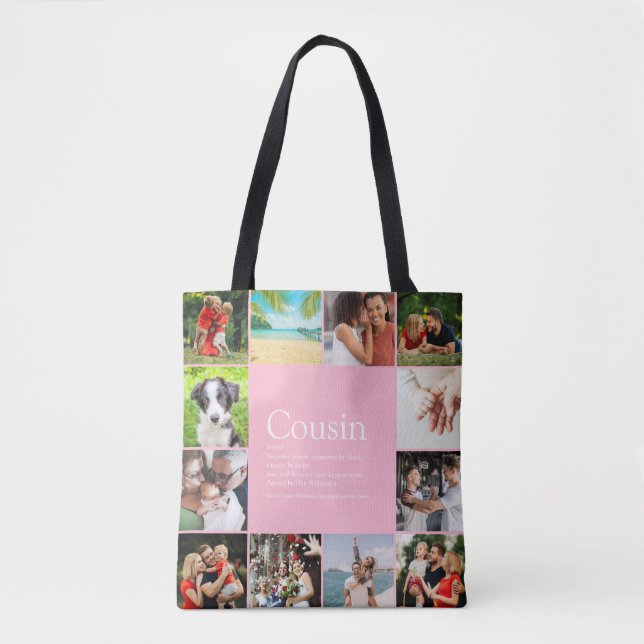 Modern Girly Pink Fun 12 Photo Cousin Definition Tote Bag (Front)