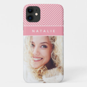 Modern, girly pink geometric stripe personalise iPhone 11 case