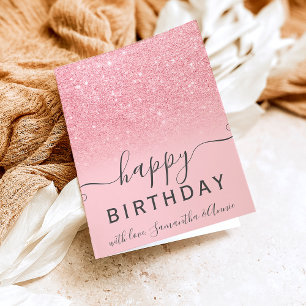 Modern girly pink glitter ombre 2 photo birthday card