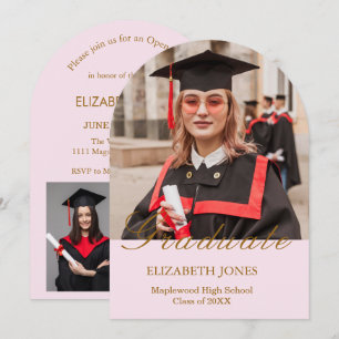 Modern Girly Pink & Gold 4 Photo Graduation Party Invitation