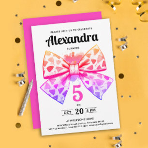 Modern Girly Pink Gradient Bow Watercolor Birthday Invitation
