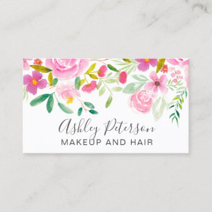 Modern girly pink green floral watercolor makeup business card