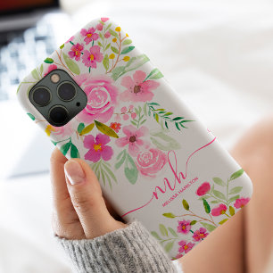 Modern girly pink green floral watercolor monogram