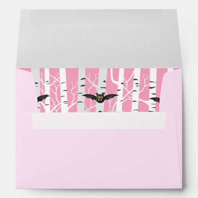 Modern Girly Pink Halloween Bats Birch Forest Envelope (Back (Bottom))
