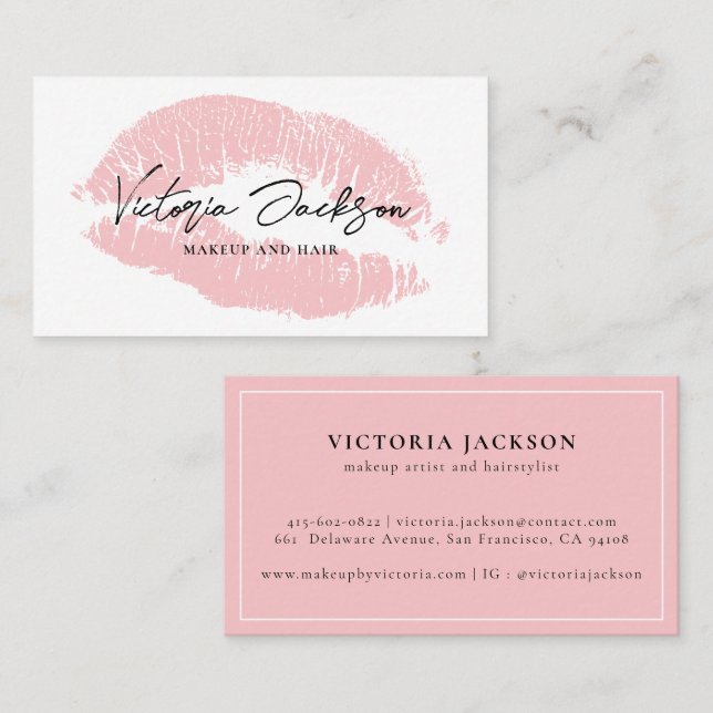 Modern Girly Pink Lips Elegant White Beauty Makeup Business Card (Front/Back)
