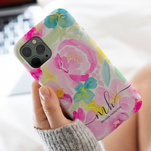 Modern girly pink loose floral watercolor monogram Case-Mate iPhone case