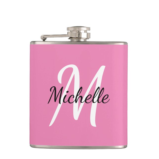 Modern Girly Pink Monogram Name + Initial Hip Flask (Front)
