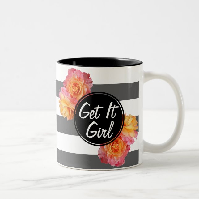 Modern Girly Pink Roses Get It Girl Two-Tone Coffee Mug (Right)