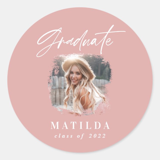 Modern girly pink script photo elegant graduation classic round sticker (Front)