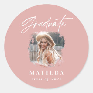Modern girly pink script photo elegant graduation classic round sticker