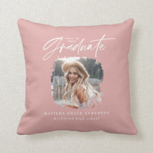 Modern girly pink script photo elegant graduation cushion