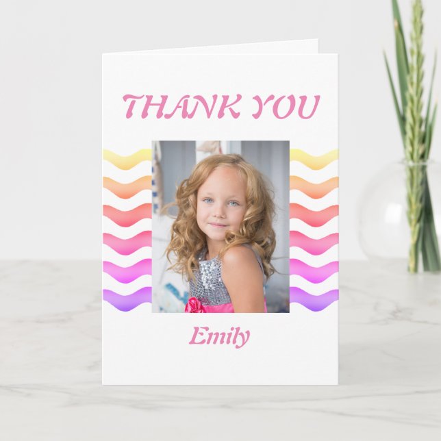 Modern Girly Pink Waves Birthday Photo Thank you Card (Front)