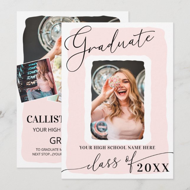 Modern Girly Pink White Frame Photo Graduation Announcement (Front/Back)