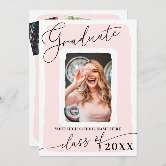 Modern Girly Pink White Frame Photo Graduation Invitation (Front/Back)