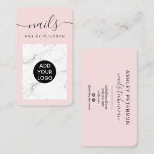 Modern girly pink white marble nails script business card
