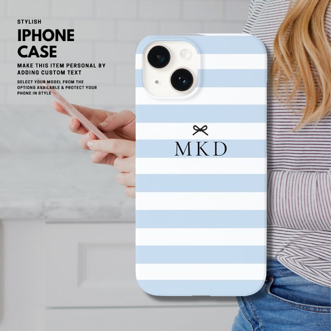 Modern Girly Pretty Blue Stripe Black Bow Monogram Case-Mate iPhone Case (Creator Uploaded)