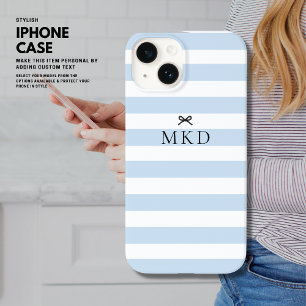 Modern Girly Pretty Blue Stripe Black Bow Monogram iPhone 14 Case
