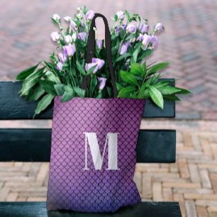Modern Girly Purple Ombre Mermaid Ocean Monogram Tote Bag