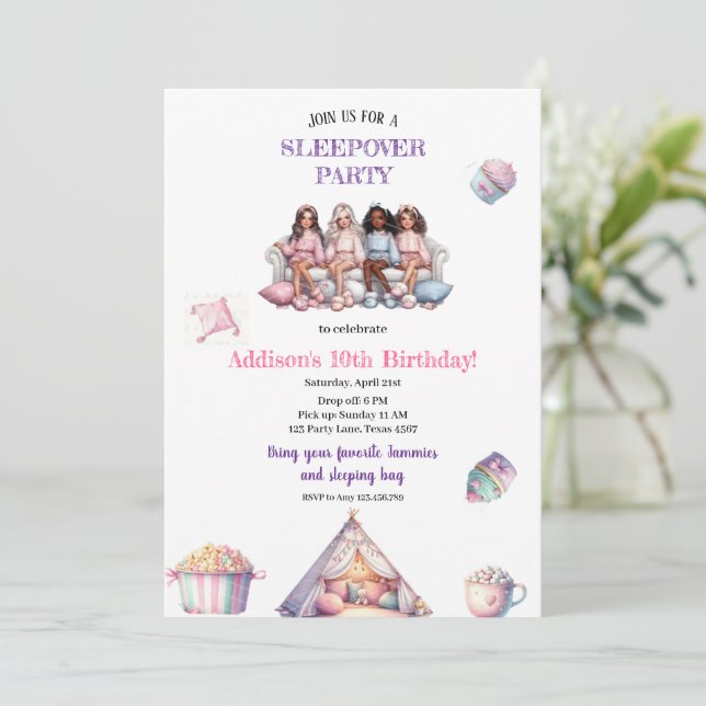 MODERN GIRLY PYJAMAS PARTY INVITATION (Standing Front)