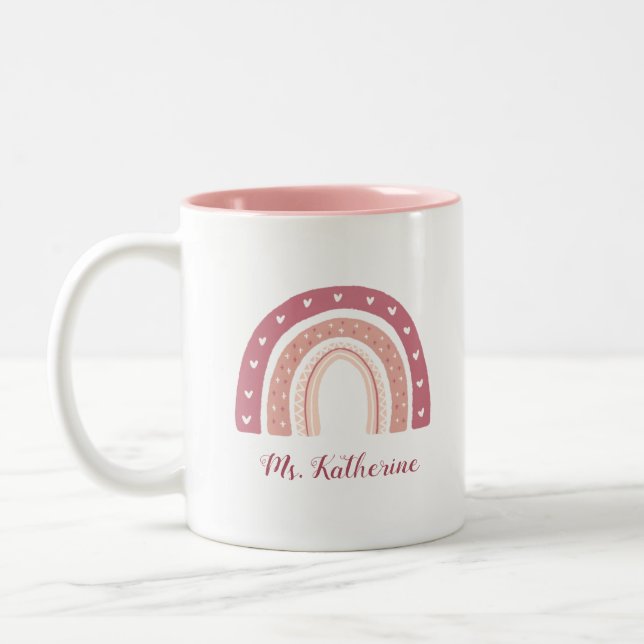 Modern Girly Rainbow Boho Pastel Pink  Two-Tone Coffee Mug (Left)