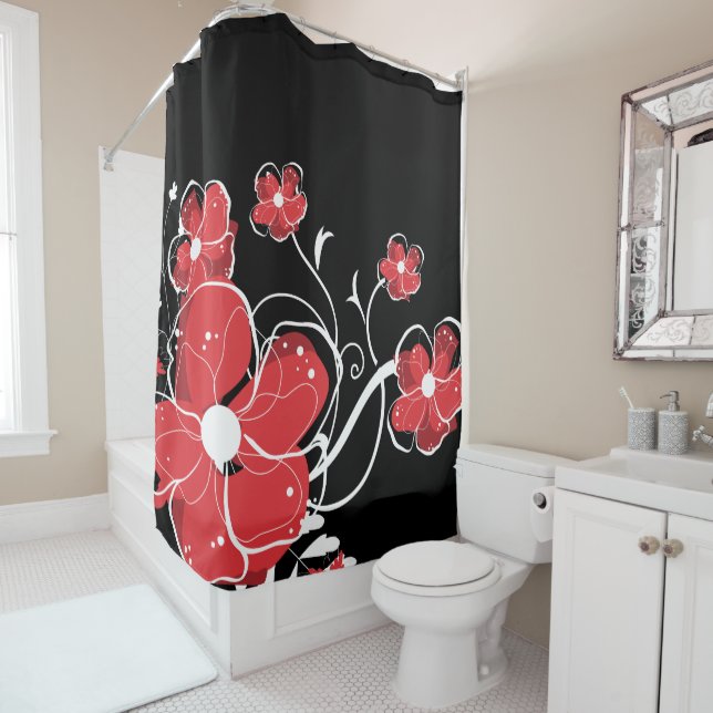 Modern Girly Red and White Flowers Shower Curtain (In Situ)