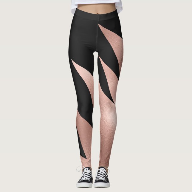 Modern Girly Rose Gold Black Geometric Leggings (Front)