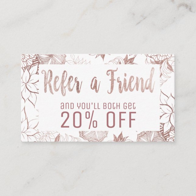 Modern Girly Rose Gold Floral Referral Card (Front)