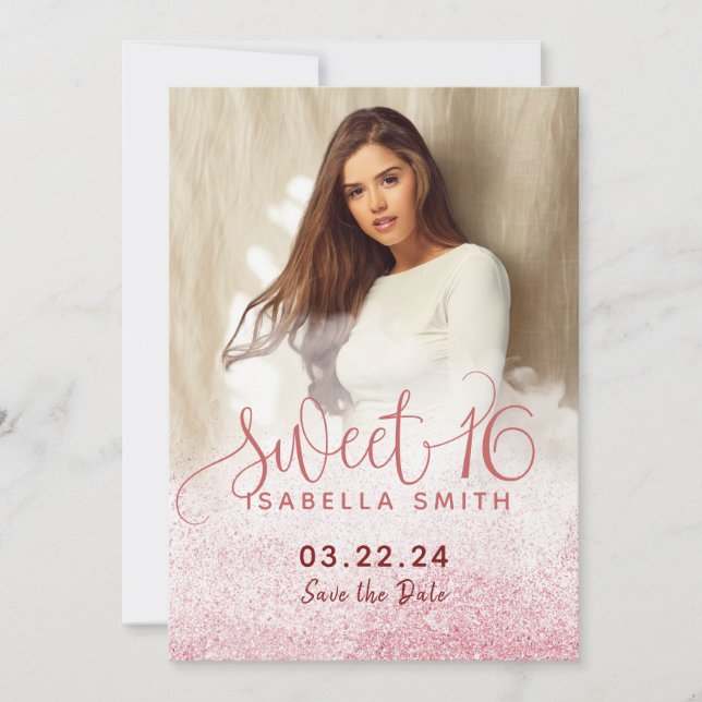 Modern girly rose gold glitter chic photo sweet 16 save the date (Front)