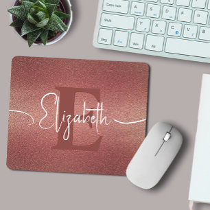 Modern Girly Rose Gold Glitter Monogram Name Mouse Mat