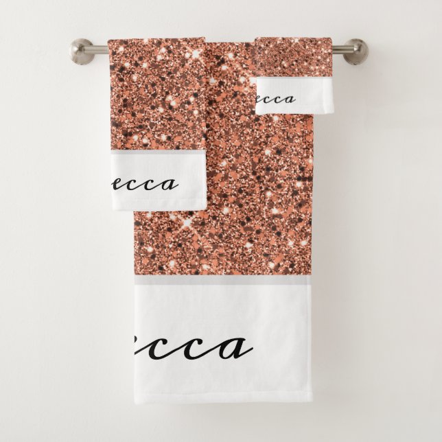 Modern Girly Rose Gold Glitter Monogrammed Bath Towel Set (Insitu)